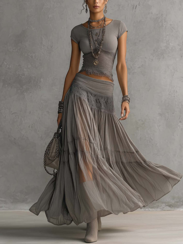 The Celeste | Lace-Paneled Pleated Maxi Skirt Set