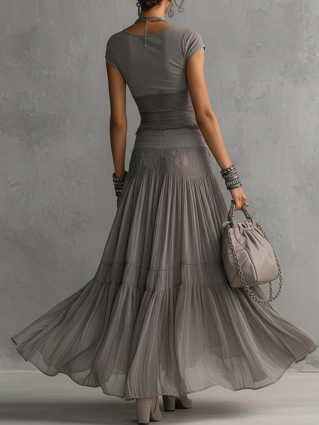 The Celeste | Lace-Paneled Pleated Maxi Skirt Set