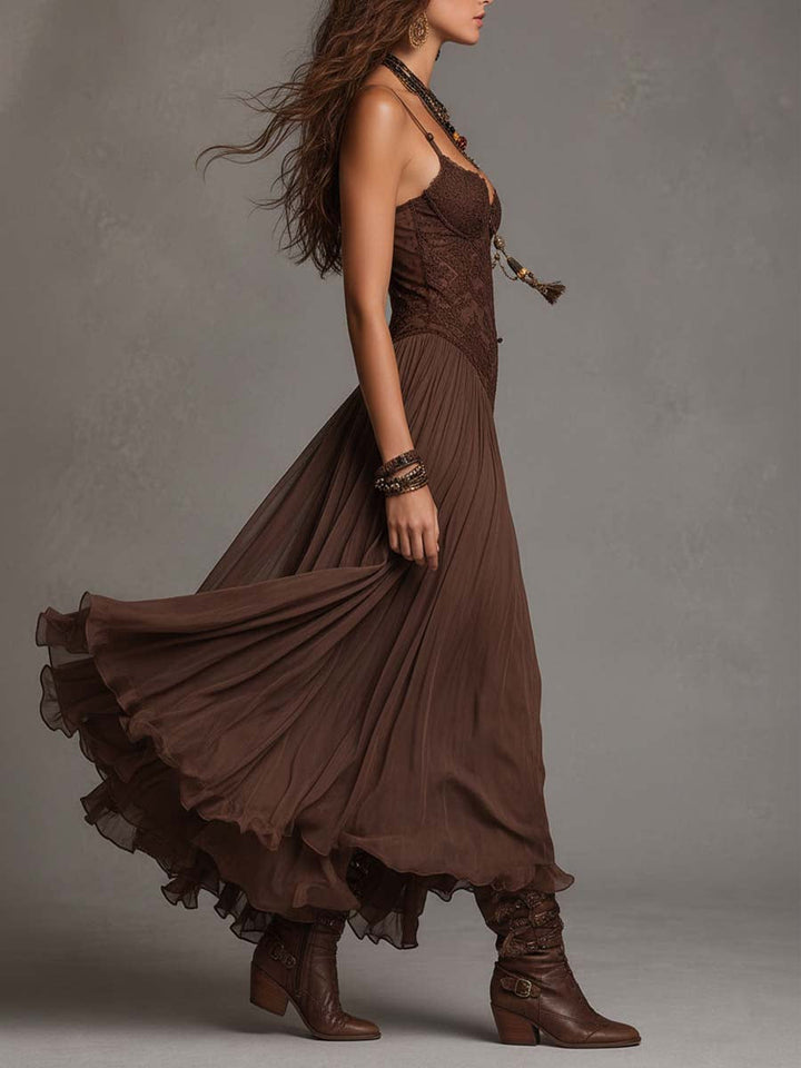 Dark Brown Lace-Paneled Chiffon Maxi Dress