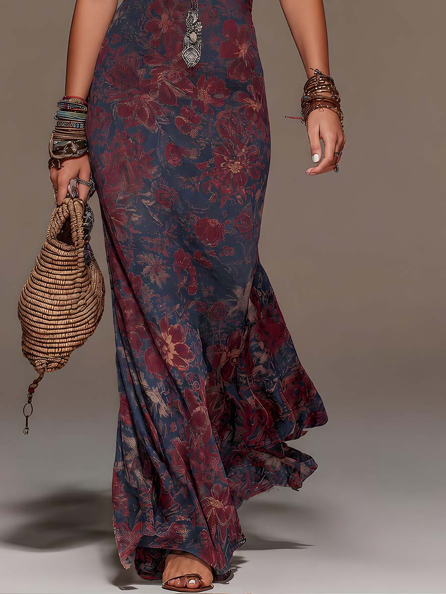 Retro Lace Halterneck Floral Fishtail Maxi Dress