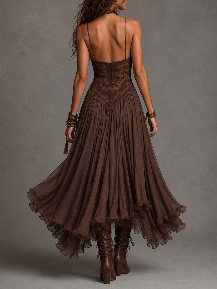 Dark Brown Lace-Paneled Chiffon Maxi Dress