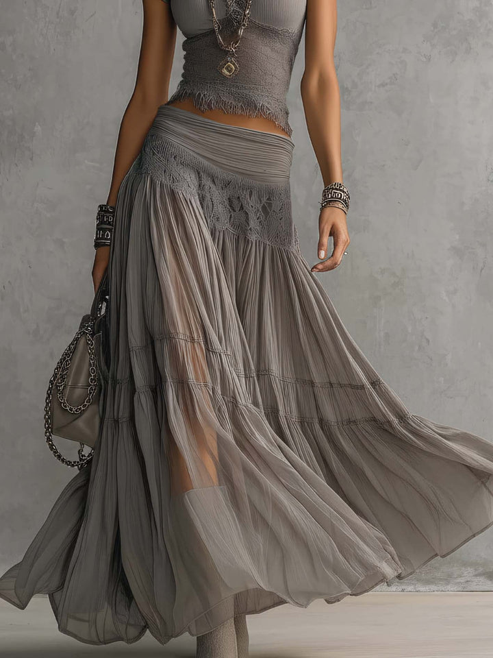 The Celeste | Lace-Paneled Pleated Maxi Skirt Set