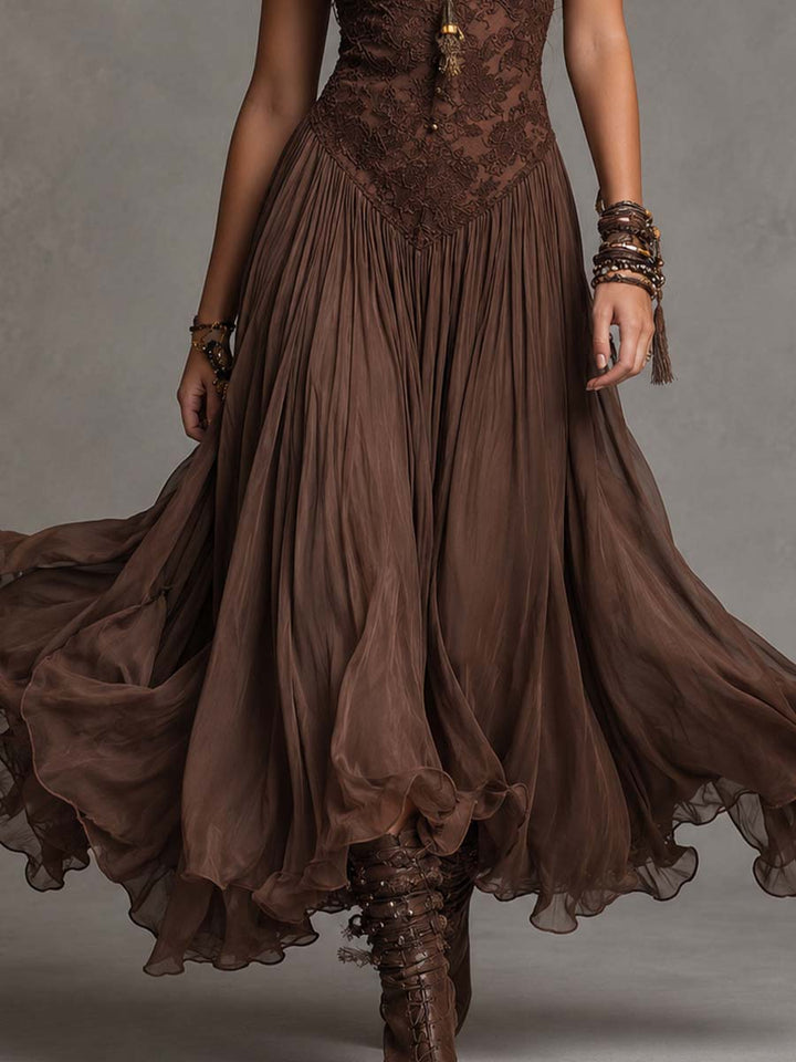 Dark Brown Lace-Paneled Chiffon Maxi Dress