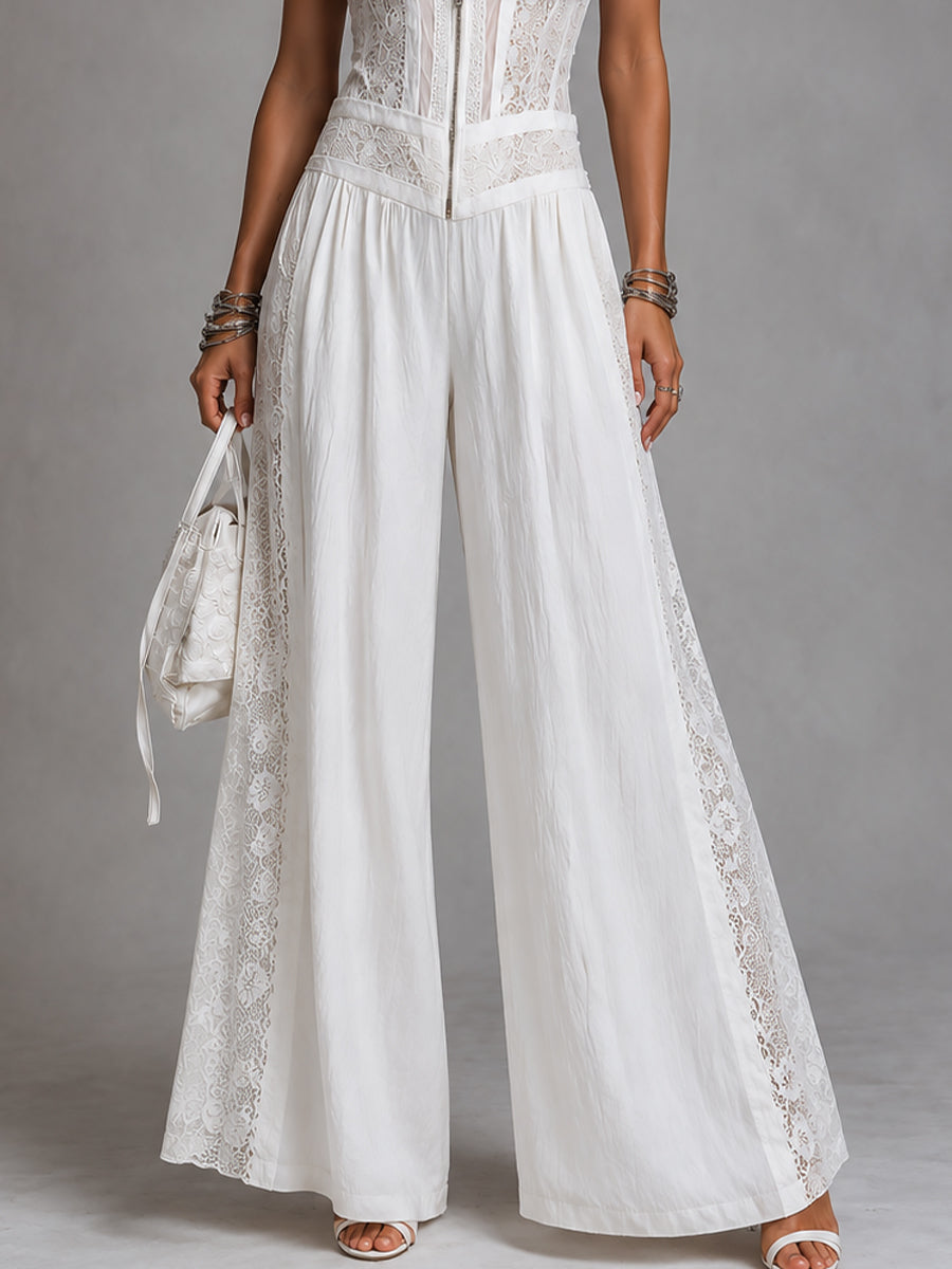 Retro Stand-Collar Wide-Leg Jumpsuit With Lace Trim
