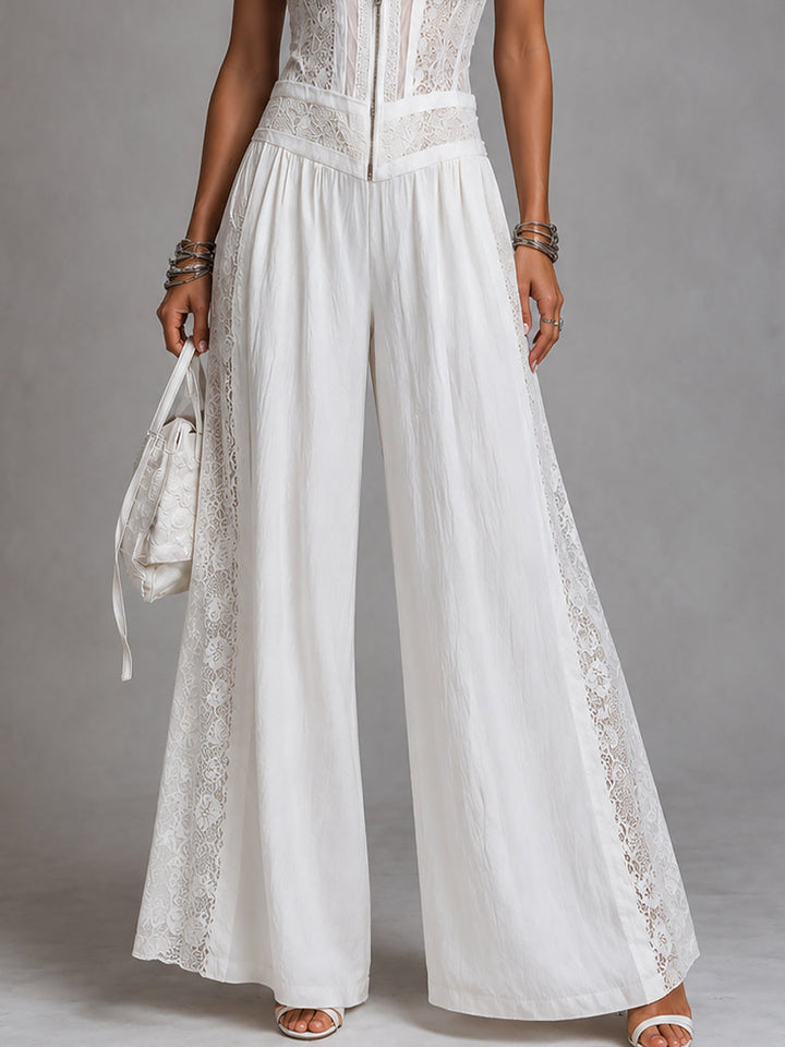 Retro Stand-Collar Wide-Leg Jumpsuit With Lace Trim