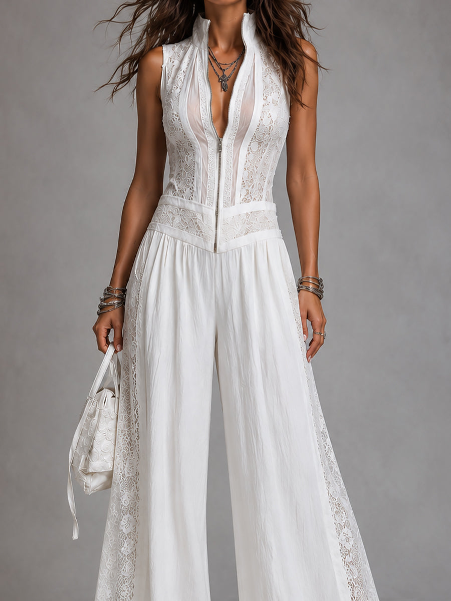 Retro Stand-Collar Wide-Leg Jumpsuit With Lace Trim