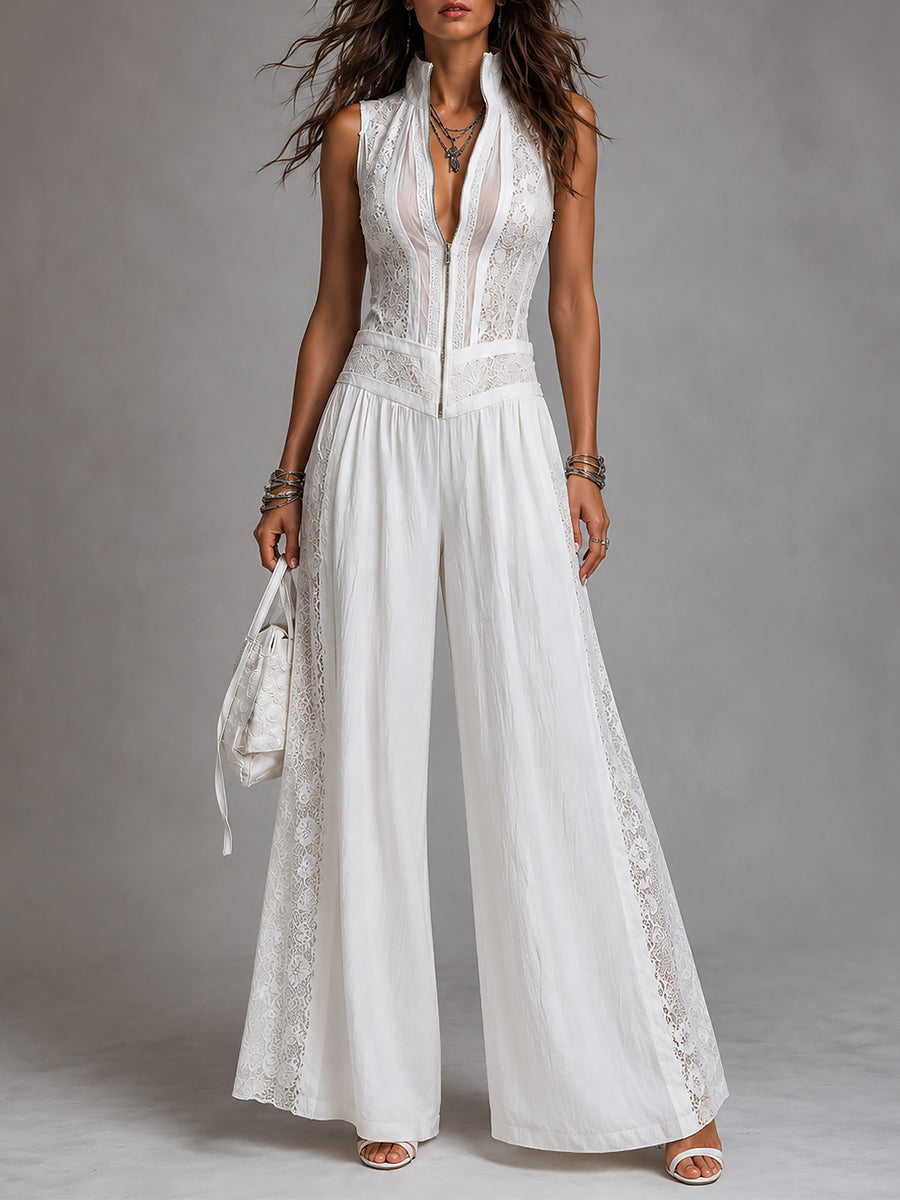 Retro Stand-Collar Wide-Leg Jumpsuit With Lace Trim