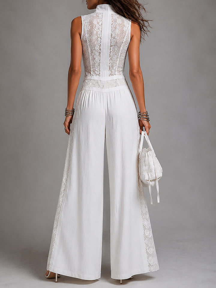 Retro Stand-Collar Wide-Leg Jumpsuit With Lace Trim
