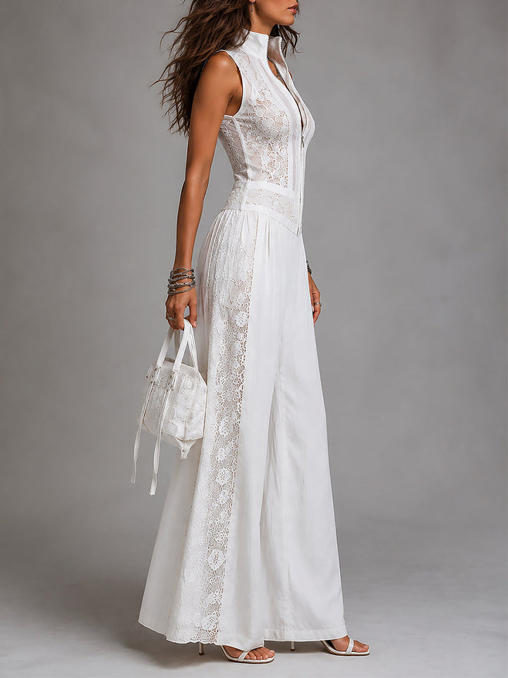 Retro Stand-Collar Wide-Leg Jumpsuit With Lace Trim