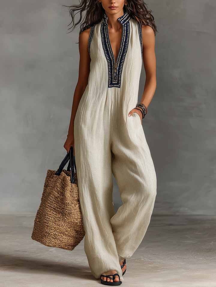 The Savanna | Embroidered Linen Sleeveless Jumpsuit