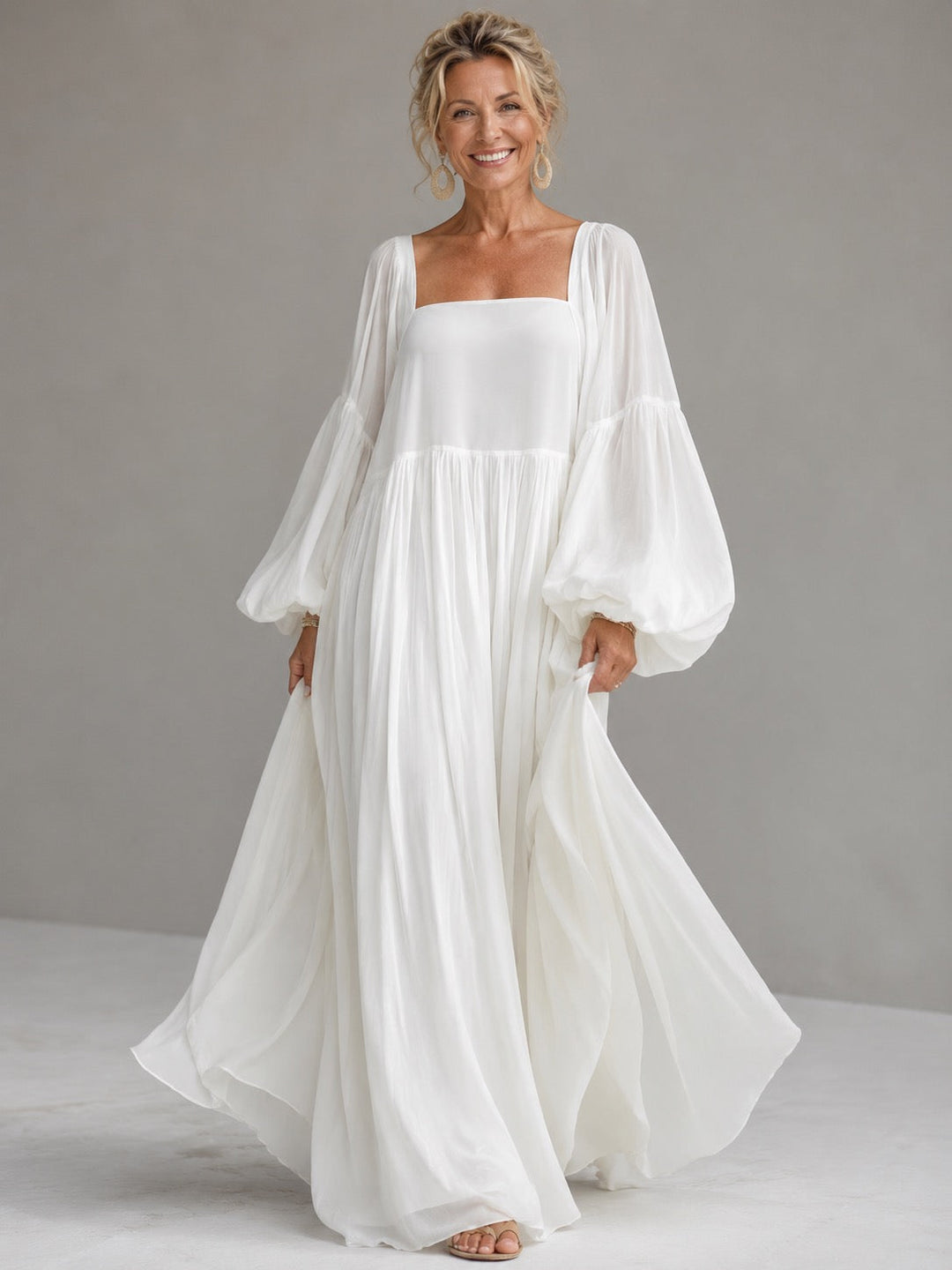 Caroline Square-Neck Puff-Sleeve Maxi Dress