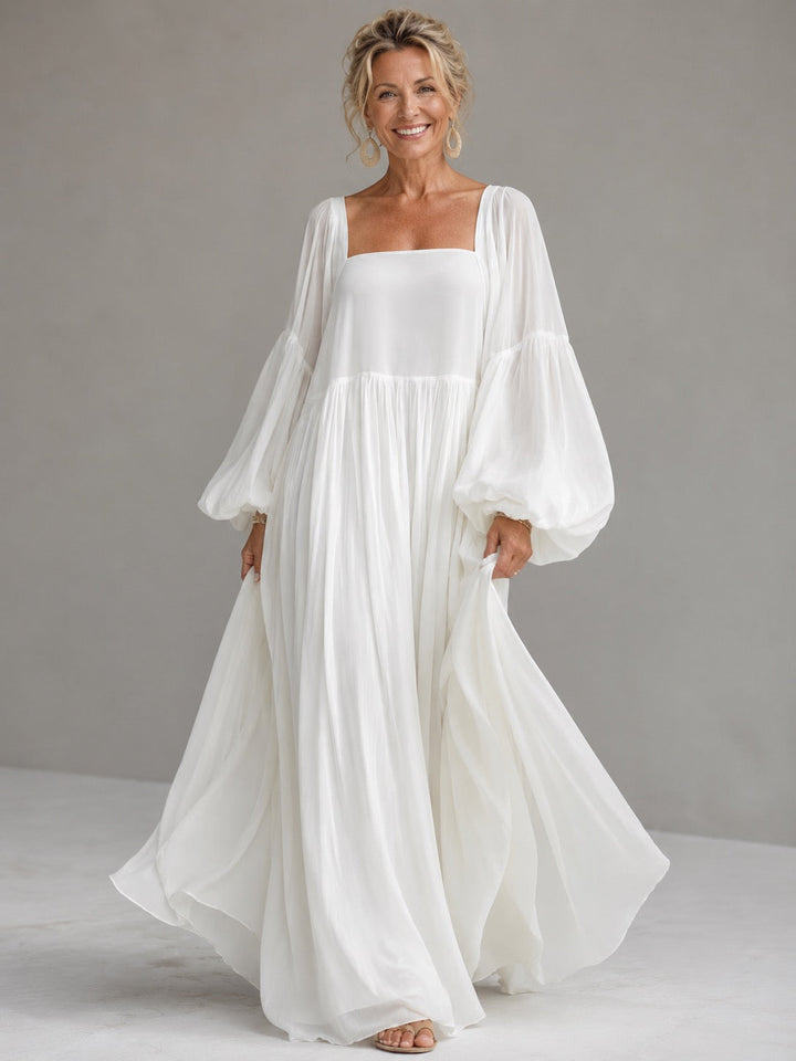 Caroline Square-Neck Puff-Sleeve Maxi Dress