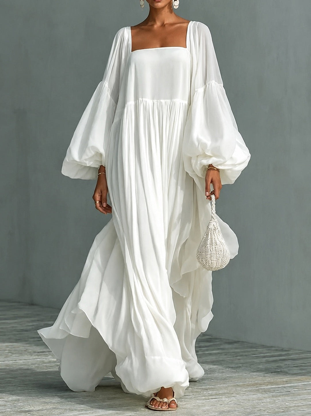Caroline Square-Neck Puff-Sleeve Maxi Dress