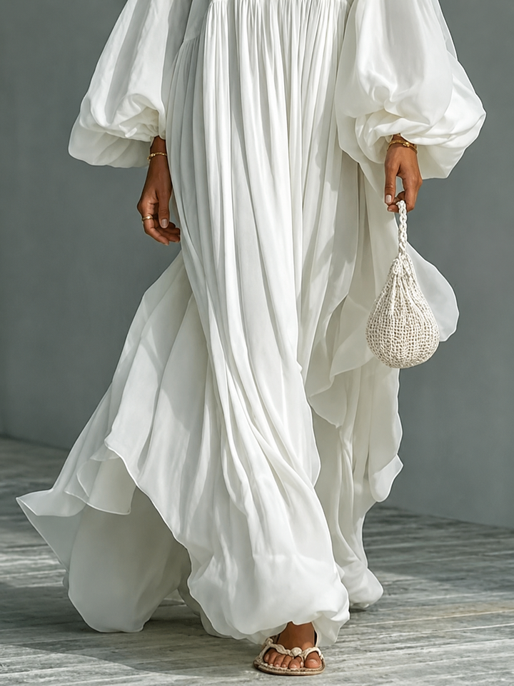 Caroline Square-Neck Puff-Sleeve Maxi Dress