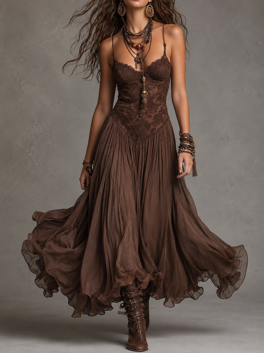 Dark Brown Lace-Paneled Chiffon Maxi Dress