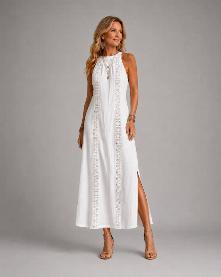 Jimena | Relaxed Embroidered Mandarin Collar Midi Dress
