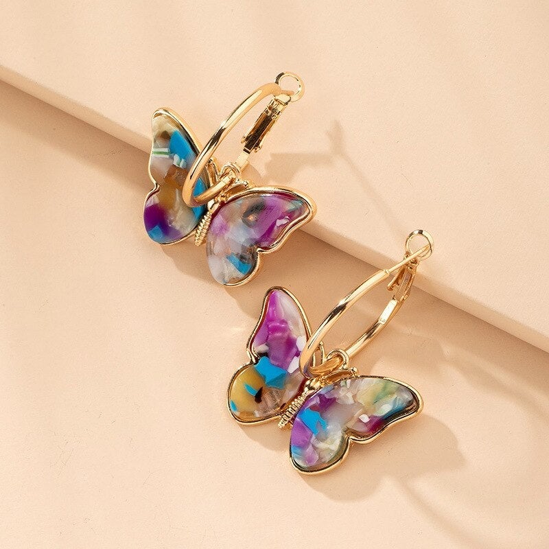 Gold Hoop Earrings with Multicolored Butterflies
