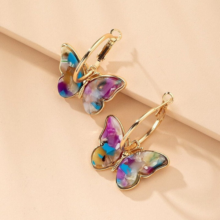 Gold Hoop Earrings with Multicolored Butterflies