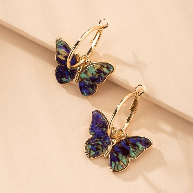 Gold Hoop Earrings with Multicolored Butterflies