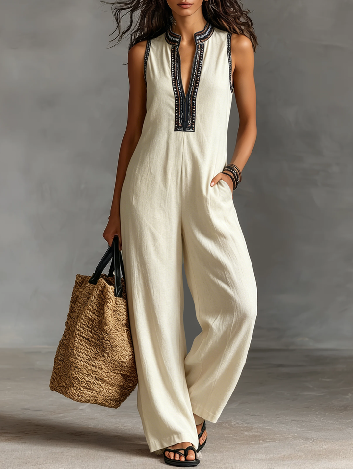 The Savanna | Embroidered Linen Sleeveless Jumpsuit