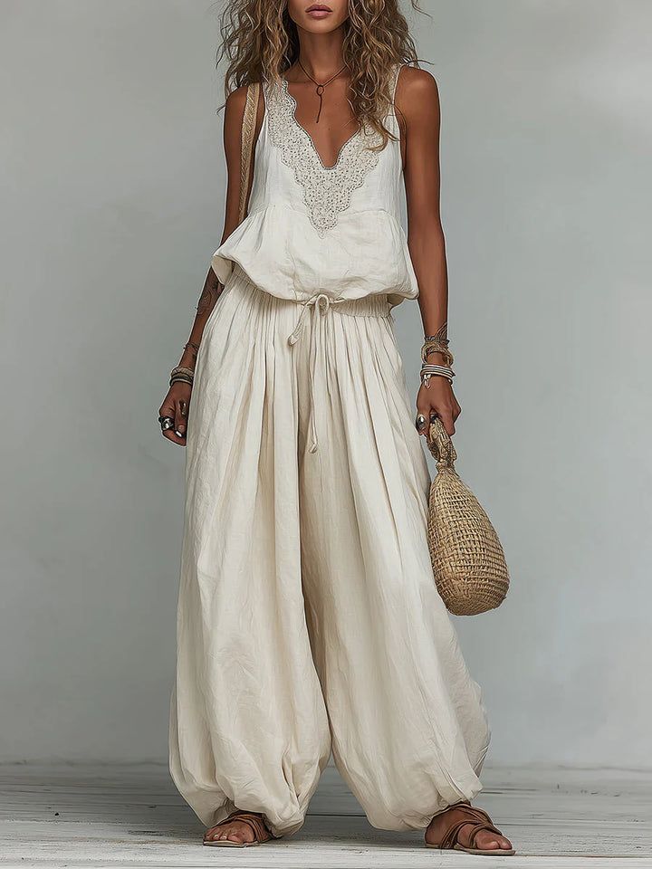 The Santorini | Embroidered Cotton-Linen Wide-Leg Set