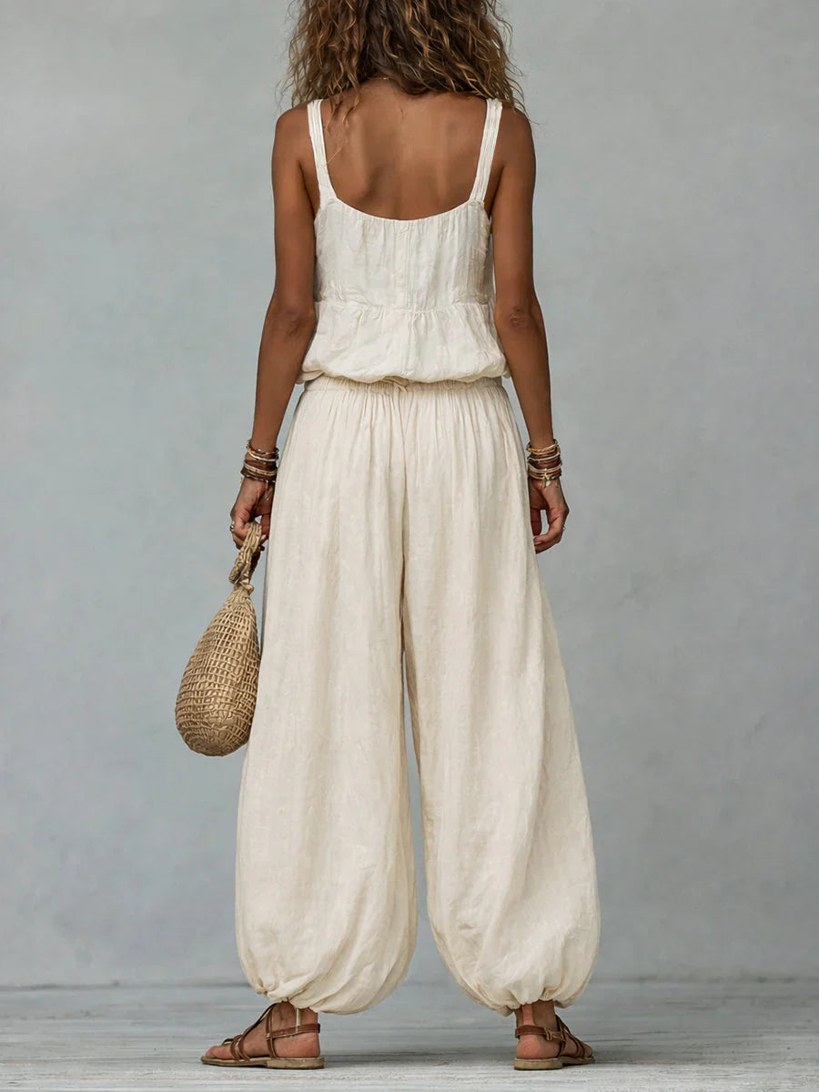 The Santorini | Embroidered Cotton-Linen Wide-Leg Set
