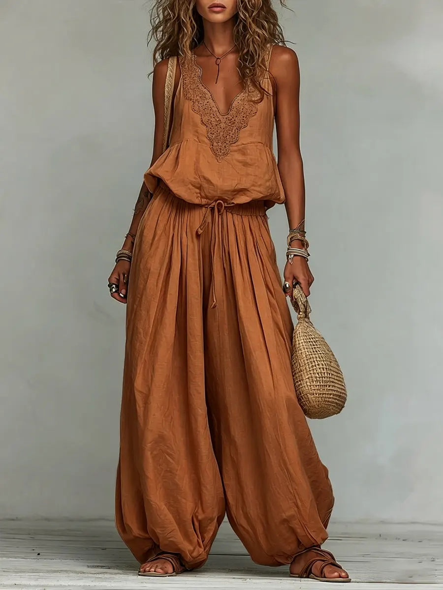 The Santorini | Embroidered Cotton-Linen Wide-Leg Set