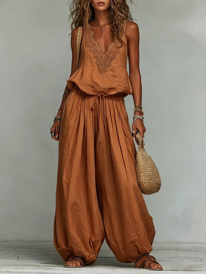 The Santorini | Embroidered Cotton-Linen Wide-Leg Set