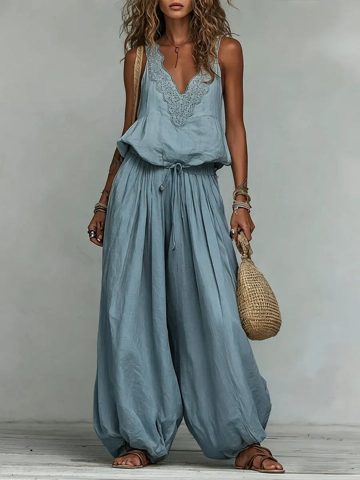 The Santorini | Embroidered Cotton-Linen Wide-Leg Set