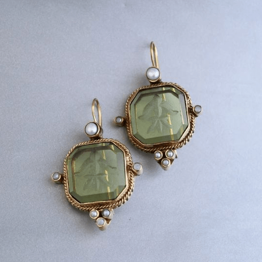 Vintage Green &amp; Pearls Earrings